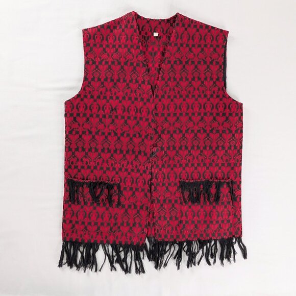 VTG Red and Black Tapestry Woven Fringe Trim Front Pocket Vest - Picture 1 of 6